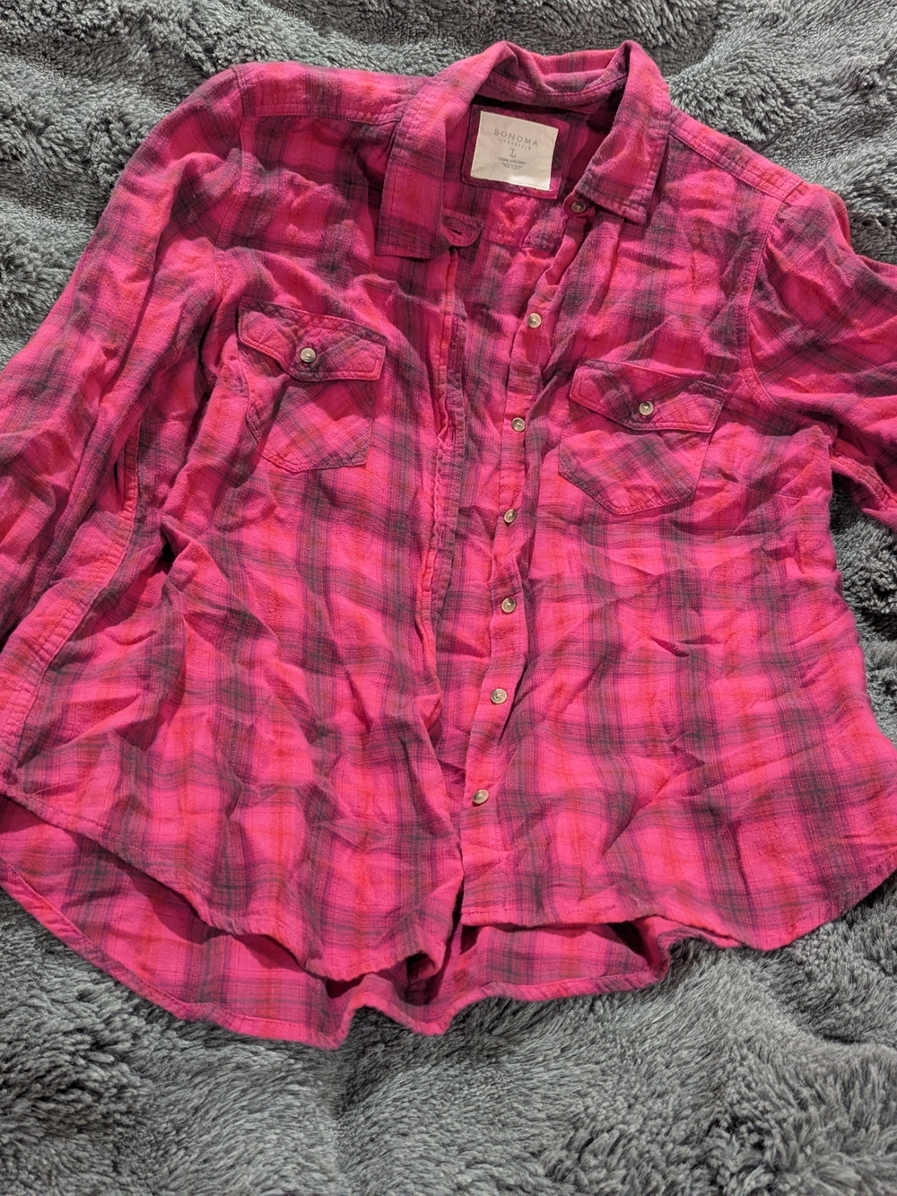 Sonoma Goods for Life Pink & Grey Plaid Button Down Shirt - Large